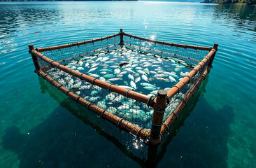 Overcrowded fish farming cage filled with vibrant aquatic species, symbolizing intensive aquaculture, seafood supply chains, and innovative techniques for sustainable fisheries and environmental balan