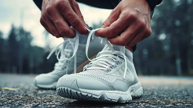 A man in black athletic wear is tying his white sneakers on a paved road