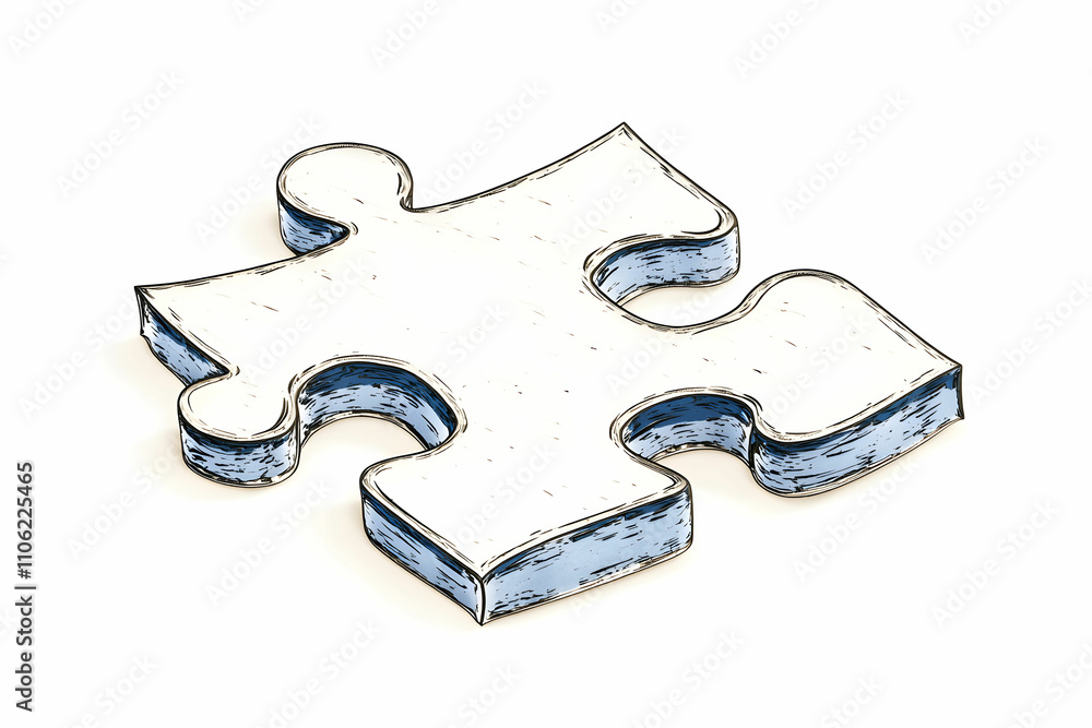 Poster single sketch style puzzle piece with blue edges on white background for creativity and problem solv