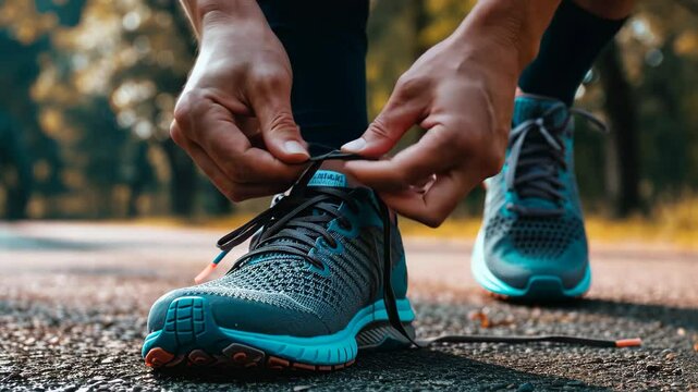 A runner's hands tie the laces of a blue and grey running shoe