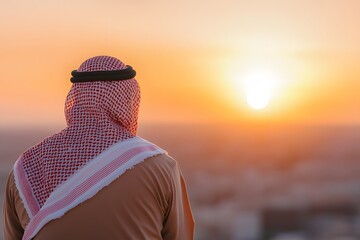 Rear View of an Arab Man in Traditional Clothing, Featuring a Long Robe and Head Covering, Set Against a Cultural or Desert Landscape