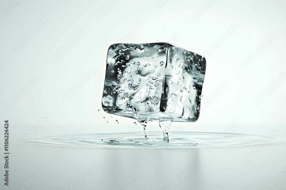 Aufkleber crystal clear ice cube melting on smooth surface with water droplets and reflection in soft light