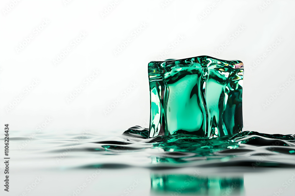 Aufkleber crystal clear ice cube with turquoise tint floating on smooth water surface against minimalistic bac