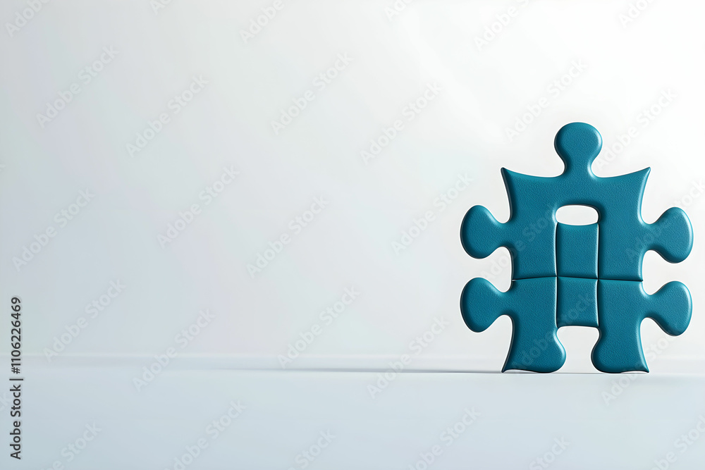 Poster isolated teal puzzle piece standing alone on a minimalist light background with soft shadows
