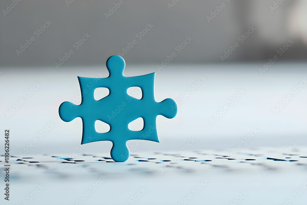 Poster blue puzzle piece standing alone on a light background representing problem-solving and connections 