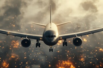 Airplane flying above a fiery landscape during dramatic sunset conditions
