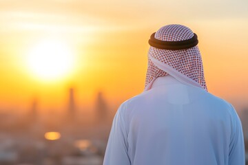 Rear View of an Arab Man in Traditional Clothing, Featuring a Long Robe and Head Covering, Set Against a Cultural or Desert Landscape