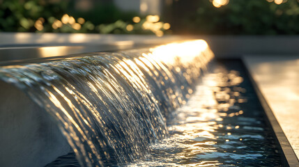 Modern Water Feature Design: Cascading Waterfall, Sunlight, Minimalist Architecture