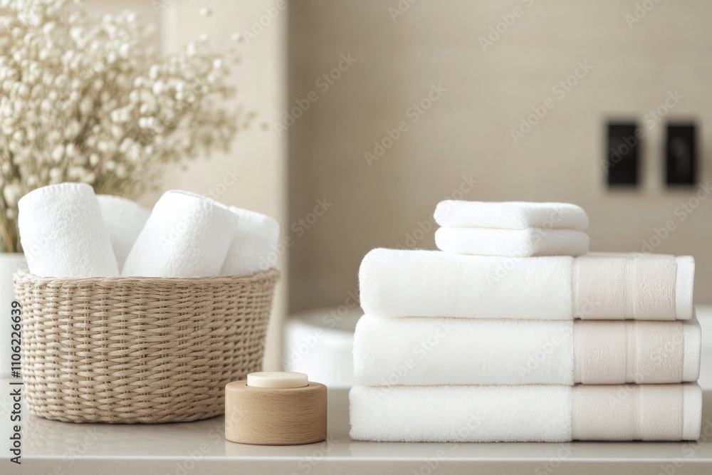 Poster spa setting with neatly stacked towels and basket of rolled towels on a tranquil surface