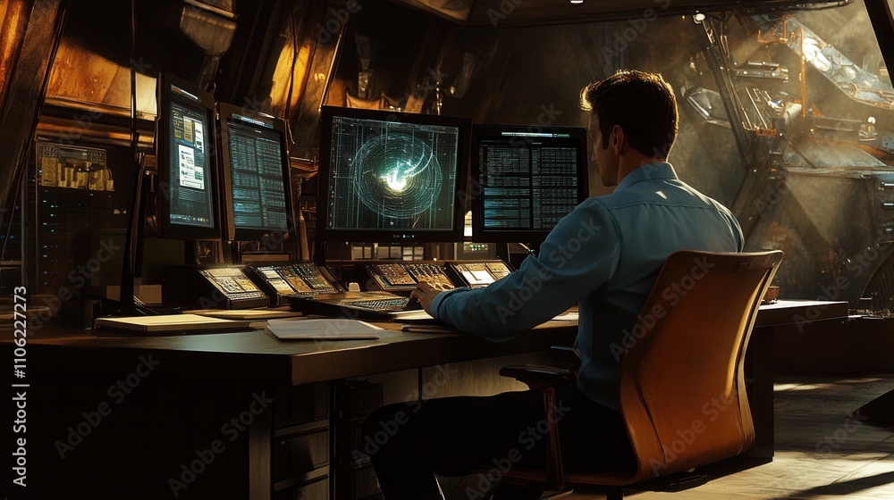 Poster a handsome male computer engineer and scientist develops a neural network at his workstation, with m