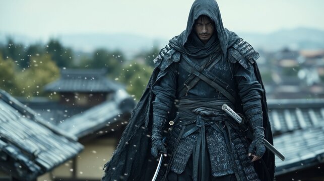 A hooded warrior stands on a rooftop, katana at his side. - Powered by Adobe
