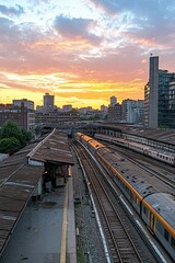 Fototapeta premium Small birds sitting on a rooftop of a train station at sunset with trains below and clouds above.