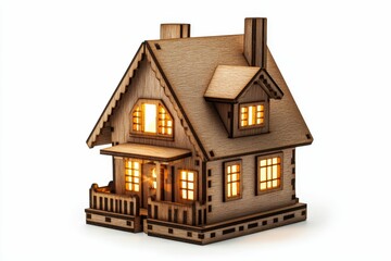 Illuminated wooden house model, intricately detailed.