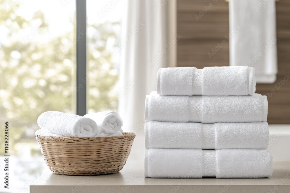 Poster spa setting with neatly stacked towels and basket of rolled towels on a tranquil surface