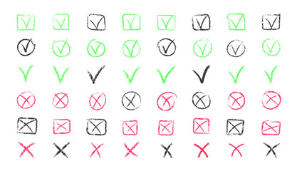 Set of chalk ticks and crosses , circle and square. Tick symbol means agree, vote, confirm. Tick and X symbols hand drawn in red and green and black pencil. Vector illustration.
