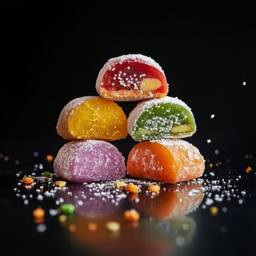 Photos of motti of different colors with different fillings isolated on a black background, a delicious colored dessert.