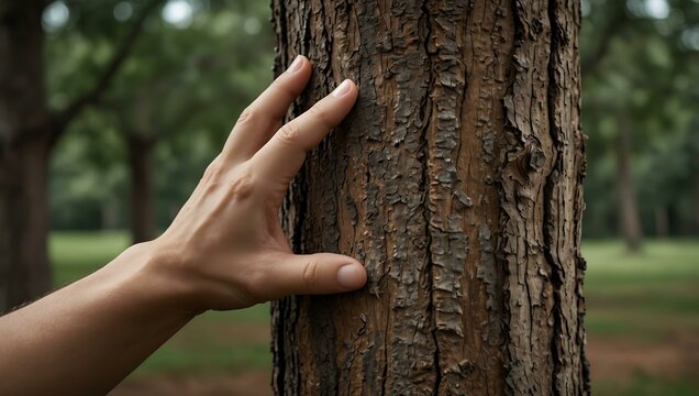 Hands hugging a tree.