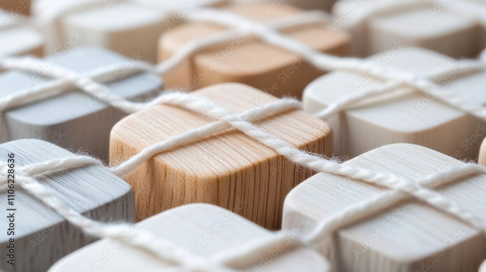 Poster wooden blocks tied with string create a geometric pattern in soft, neutral tones, ai