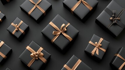 Obraz premium Luxurious black gift boxes with golden ribbons arranged artistically on a dark surface