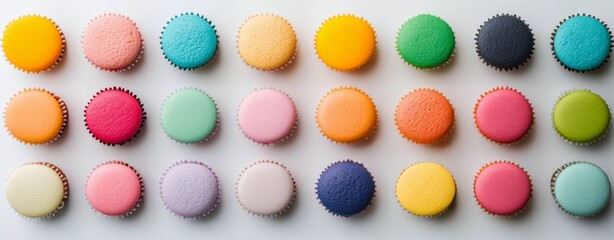 Colorful assortment of macarons arranged in a beautiful pattern on a white background