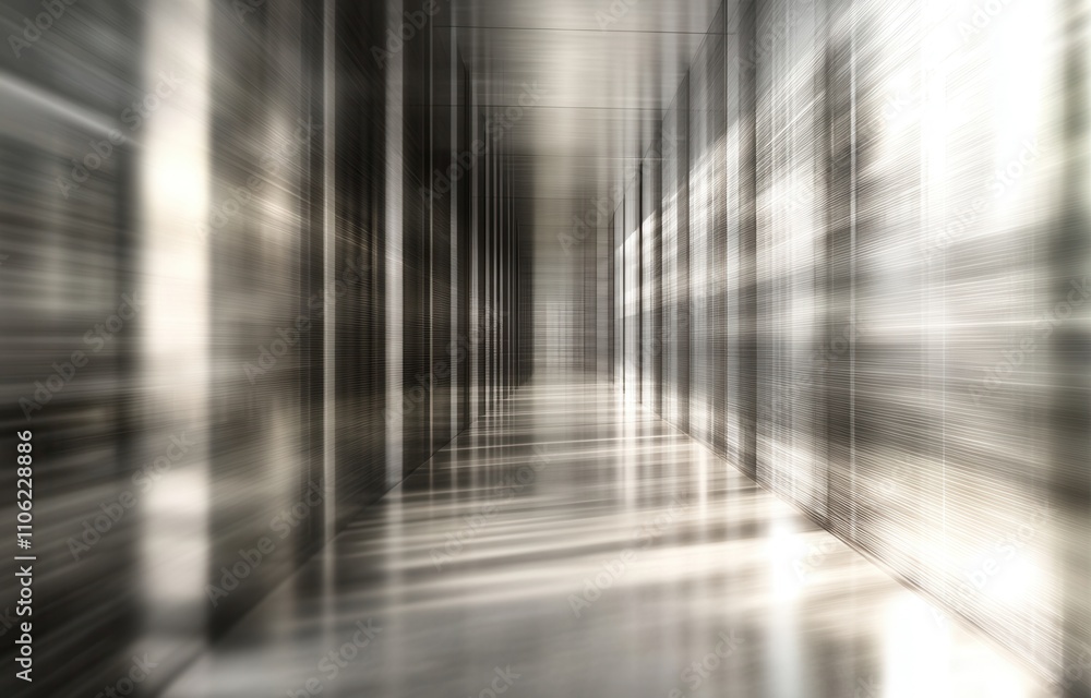 Poster data center room with bright bokeh light visible through the corridor, depicted in a 3d rendering