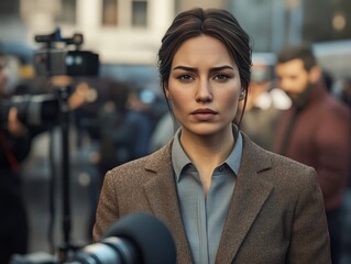 Serious Young Woman Journalist in City Press Conference