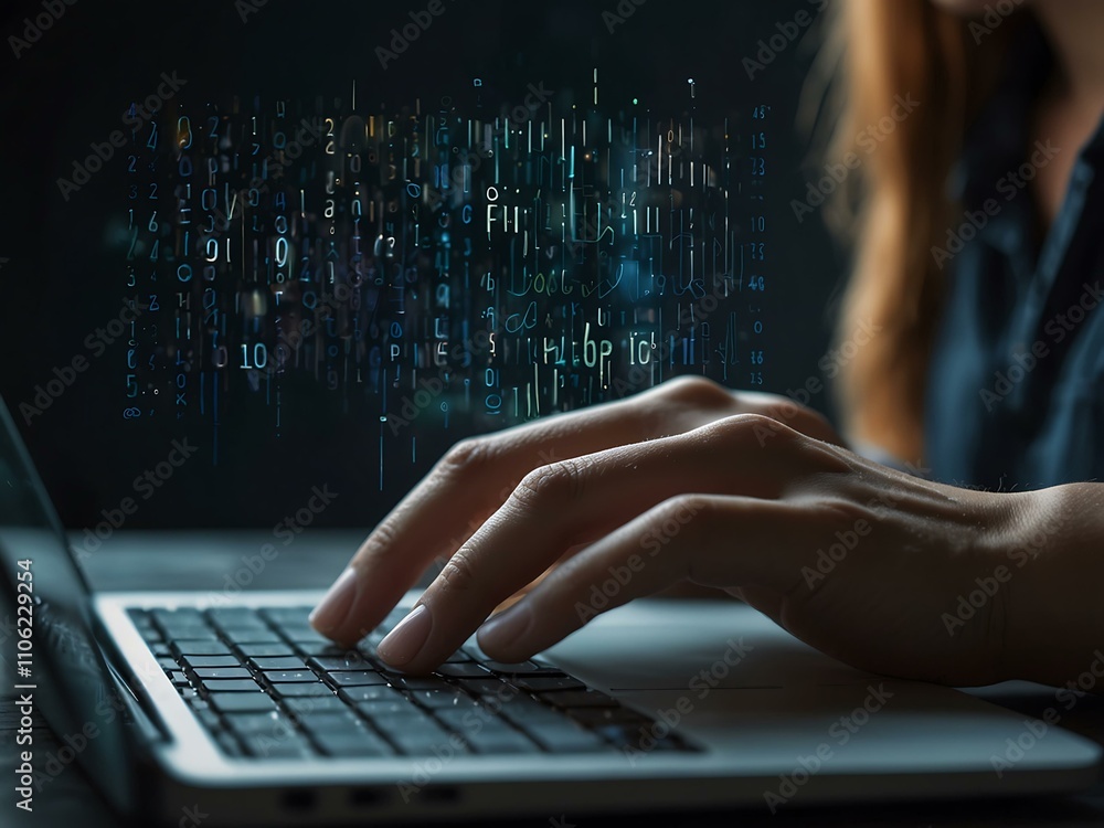 Poster hands typing on a laptop with digital data overlay.