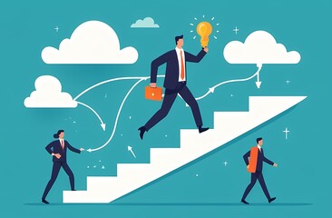 Winning plan to success, strategy step to reach success, career journey, project management or idea development, challenge, flowchart to succeed concept, businessman walk on winning plan journey.