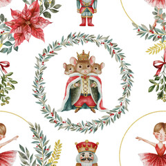 Seamless watercolor pattern with Nutcracker, Mouse King, ballerina, poinsettia, and botanical elements. Perfect for fabric, wrapping paper, holiday decor, greeting cards, and festive crafts