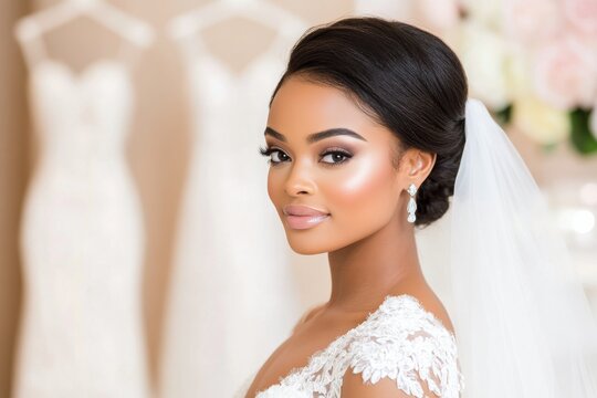 Elegant bride receiving makeup application before wedding ceremony preparation in bridal boutique - Powered by Adobe