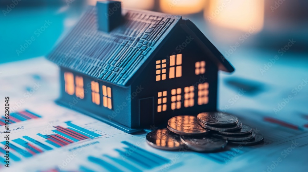 Aufkleber A model house illuminated from within sits beside a stack of coins on a financial analysis report featuring graphs and charts. This setting highlights the intersection of technology and real estate.