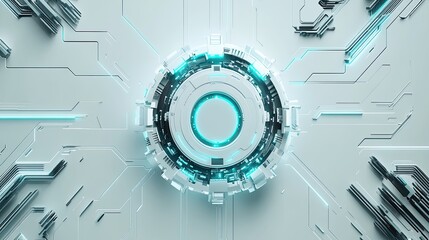 Obraz premium Central gray gear on a white backdrop, glowing with vibrant circuit lines in blue-green. Subtle shadows and hyper-realistic textures enhance futuristic design.