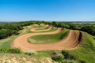 Fototapeta premium Motocross Track, Featuring Dirt Jumps, Sharp Turns, and Obstacles, Set in an Outdoor Racing Environment for Thrilling and Competitive Rides