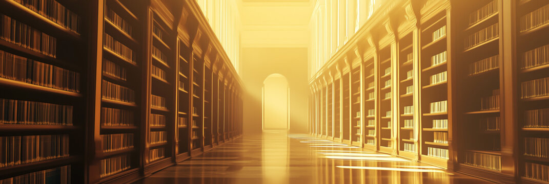 Golden library hallway: sunlit bookshelves in a majestic architecture