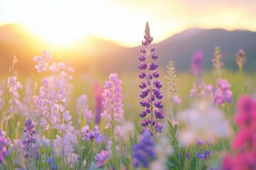 Obraz premium Lush wildflowers bloom in vibrant colors under the warm glow of the setting sun