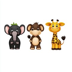 Fototapeta premium Adorable Cartoon Animals Featuring a Playful Elephant, Cheerful Monkey, and Friendly Giraffe Perfect for Kids' Illustrations and Educational Materials