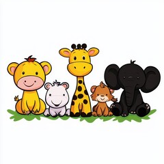Fototapeta premium Adorable Cartoon Animals Sitting Together in a Colorful and Playful Scene Featuring a Giraffe, Zebra, Lion, Monkey, and Elephant on a Green Grass Background