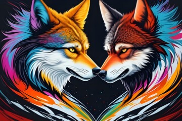 A striking abstract painting features two wolves facing each other, with vivid colors and intricate patterns capturing the intensity and beauty of their Generative AI 