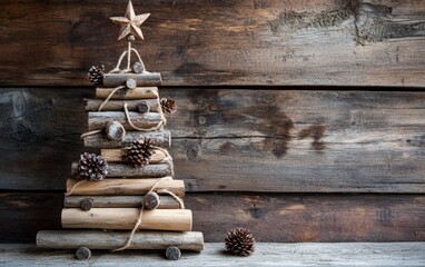 Obraz premium Wood Tree A minimalist Christmas tree built from stacked wooden planks or logs, decorated with natural rope and pinecones, in a rustic cabin