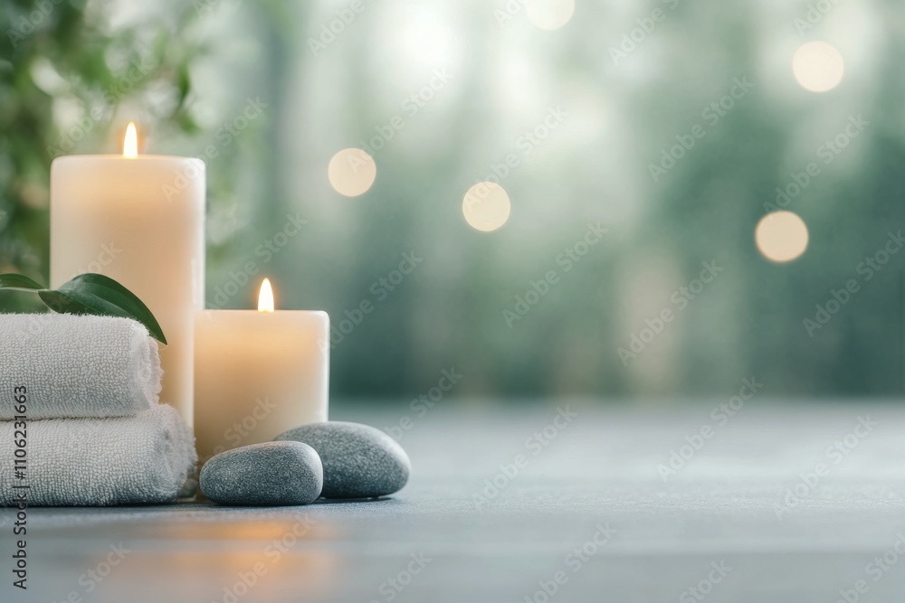 Poster relaxing spa setting with candles and towels on a tranquil surface in soft light
