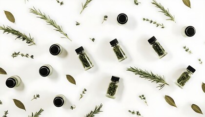 Exquisite bottles of herbal remedies arranged on a white surface, exhibiting a natural and harmonious atmosphere