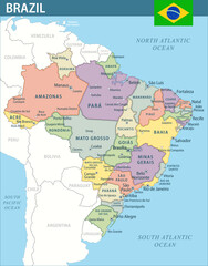 Brazil Map Vector New 2024 Colorful - Customizable layered political map of Brazil with administrative divisions for website, education, reports, news, politics, print, poster and wallpaper