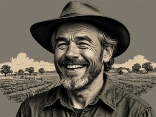 Happy farmer in a hat, engraved ink sketch logo.