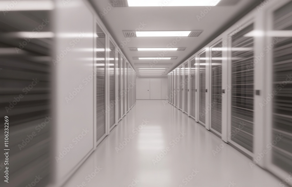 Poster a data center room illuminated by bright bokeh light, visible through the corridor in a 3d rendering
