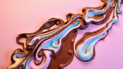 Vivid swirls of melted chocolate blend beautifully with pastel hues, forming a unique design on a bright pink backdrop, celebrating Chocolate Day's delight