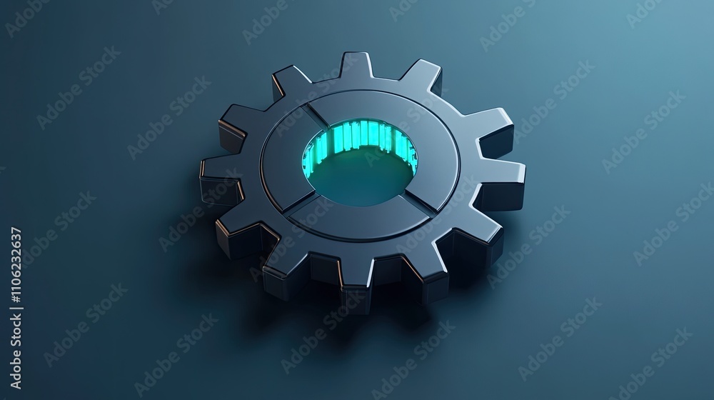 Poster minimalistic composition with a gray gear featuring glowing blue-green circuit teeth. subtle shadows