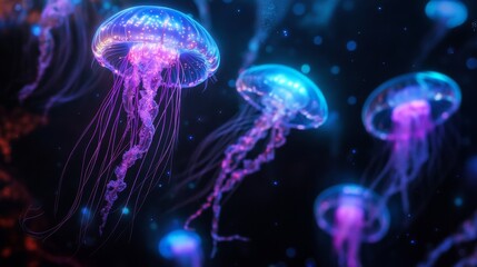 Fototapeta premium Bio-luminescent Jellyfish Swarm in Cosmic Dark, jellyfish, bioluminescence