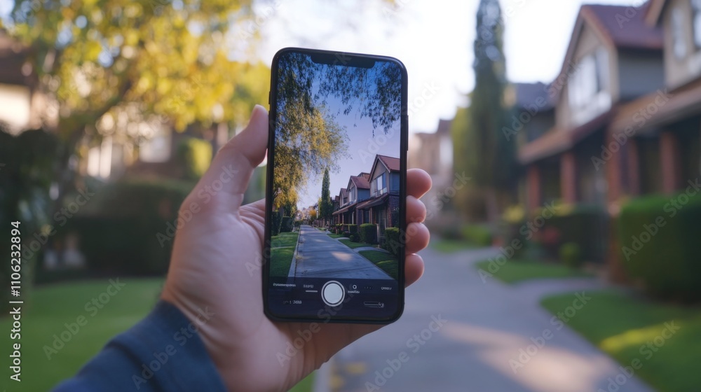 Leinwandbilder a hand holds a smartphone displaying a picturesque suburban street with trees and homes. the image h