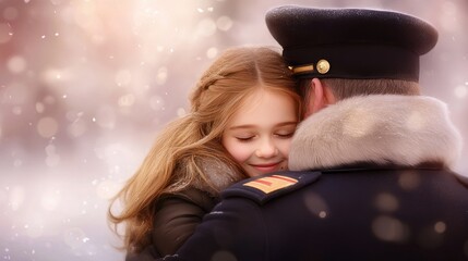 Young girl embraces her father in military uniform outdoors, capturing a heartfelt family moment with a patriotic backdrop
