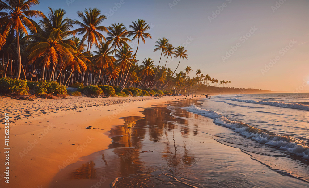 Poster Beach with palm trees and a sunset in the background. The water is calm and the beach is empty